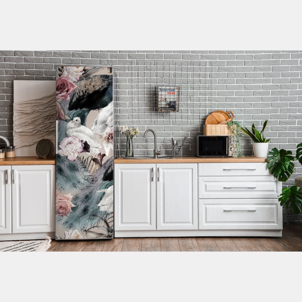 Kühlschrankaufkleber aquarellmuster mit vögeln und rosen – Wallnifity® Kühlschrankaufkleber aquarellmuster mit vögeln und rosen – Wallnifity®
