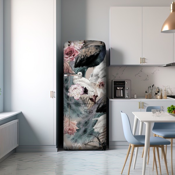 Kühlschrankaufkleber aquarellmuster mit vögeln und rosen – Wallnifity® Kühlschrankaufkleber aquarellmuster mit vögeln und rosen – Wallnifity®