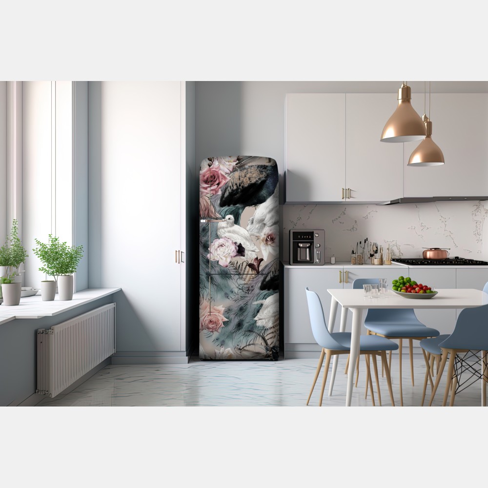 Kühlschrankaufkleber aquarellmuster mit vögeln und rosen – Wallnifity® Kühlschrankaufkleber aquarellmuster mit vögeln und rosen – Wallnifity®