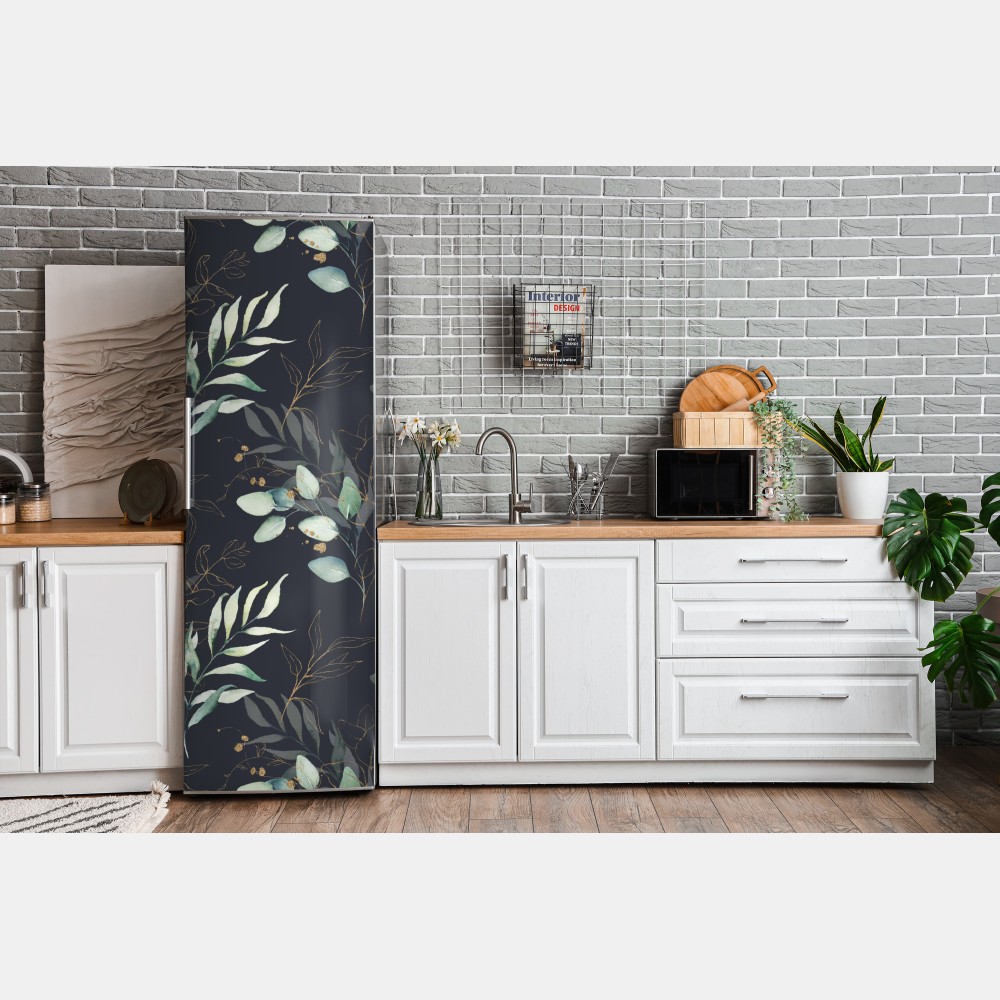 Kühlschrankaufkleber aquarell eukalyptusblätter auf dunklem hintergrund – Wallnifity® Kühlschrankaufkleber aquarell eukalyptusblätter auf dunklem hintergrund – Wallnifity®