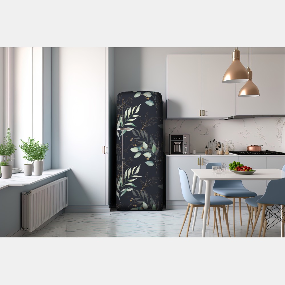 Kühlschrankaufkleber aquarell eukalyptusblätter auf dunklem hintergrund – Wallnifity® Kühlschrankaufkleber aquarell eukalyptusblätter auf dunklem hintergrund – Wallnifity®