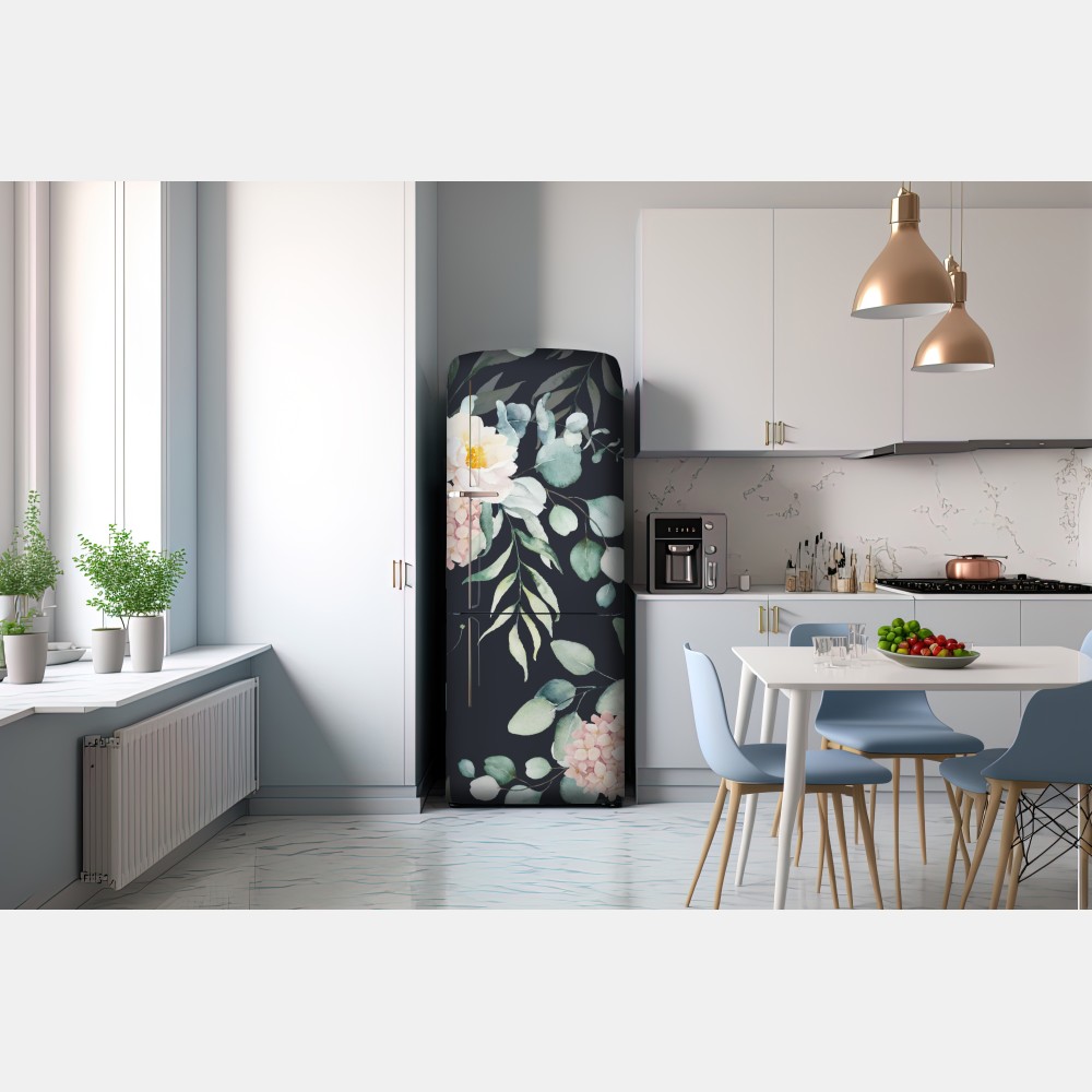 Kühlschrankaufkleber elegantes aquarell-blumenmuster auf dunklem hintergrund – Wallnifity® Kühlschrankaufkleber elegantes aquarell-blumenmuster auf dunklem hintergrund – Wallnifity®