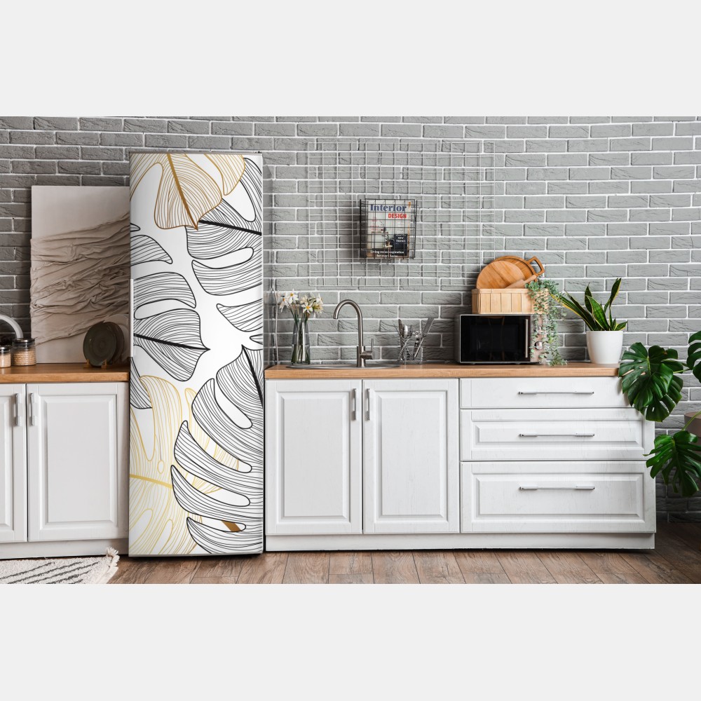 Kühlschrankaufkleber monstera-blattmuster mit goldakzenten – Wallnifity® Kühlschrankaufkleber monstera-blattmuster mit goldakzenten – Wallnifity®