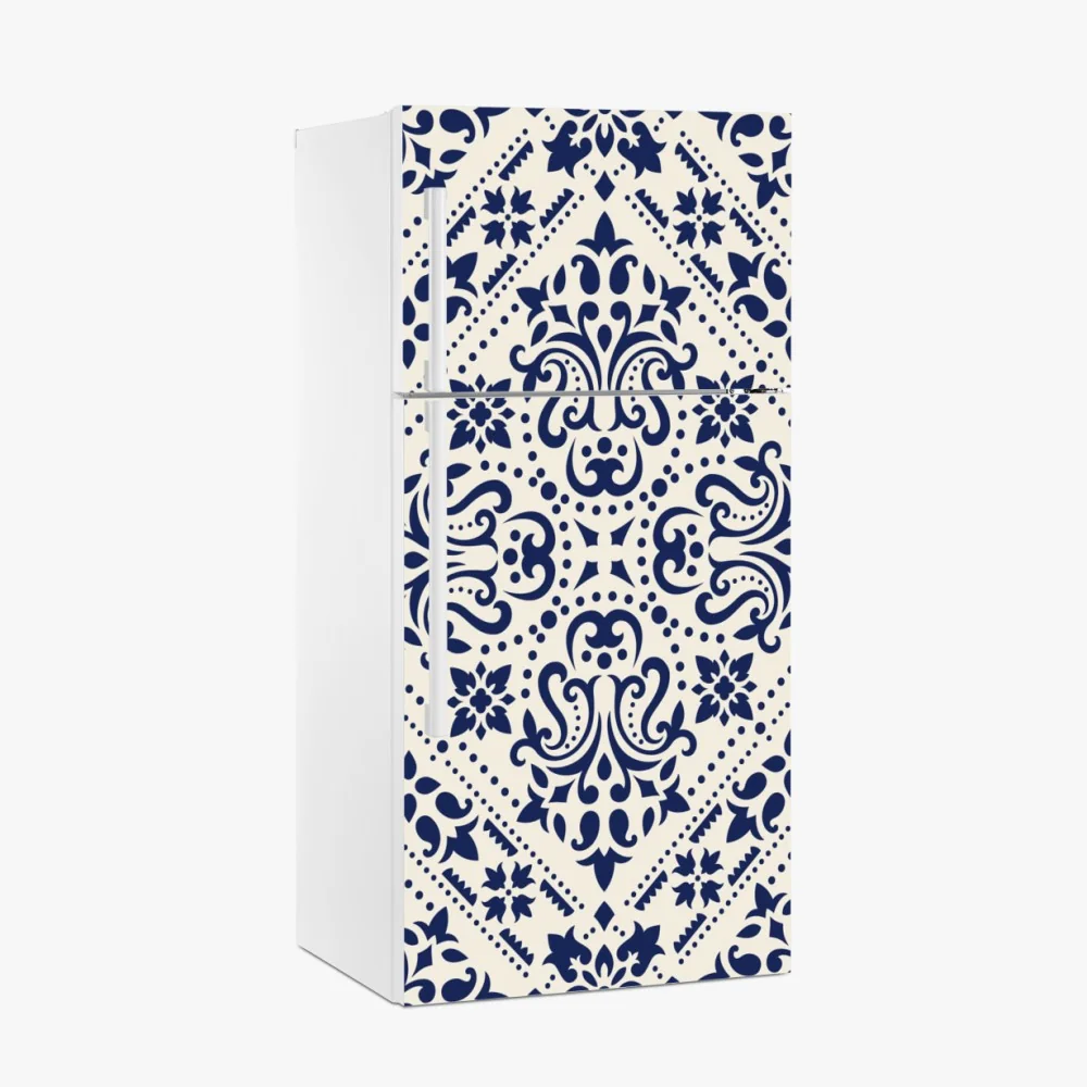Kühlschrankaufkleber marineblaues damast-fliesenmuster – Wallnifity®
