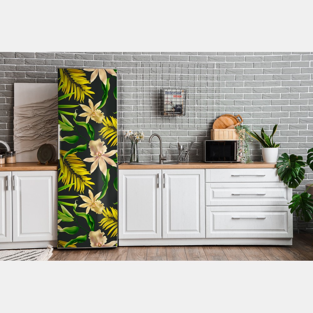 Kühlschrankaufkleber tropisches orchideenmuster auf dunklem hintergrund – Wallnifity® Kühlschrankaufkleber tropisches orchideenmuster auf dunklem hintergrund – Wallnifity®