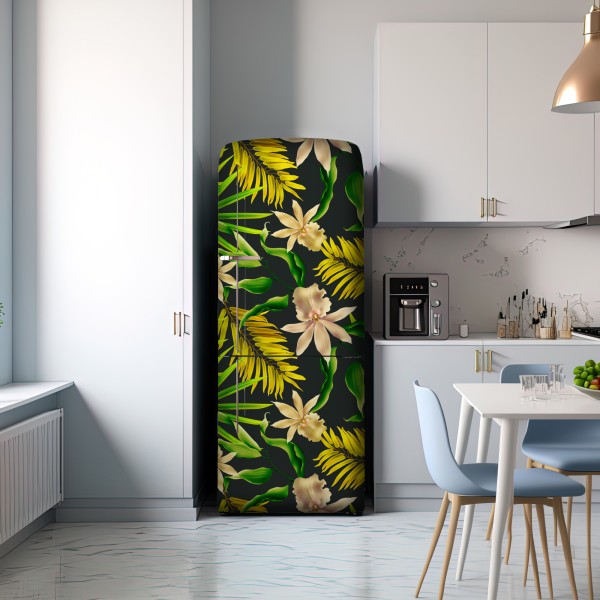 Kühlschrankaufkleber tropisches orchideenmuster auf dunklem hintergrund – Wallnifity® Kühlschrankaufkleber tropisches orchideenmuster auf dunklem hintergrund – Wallnifity®