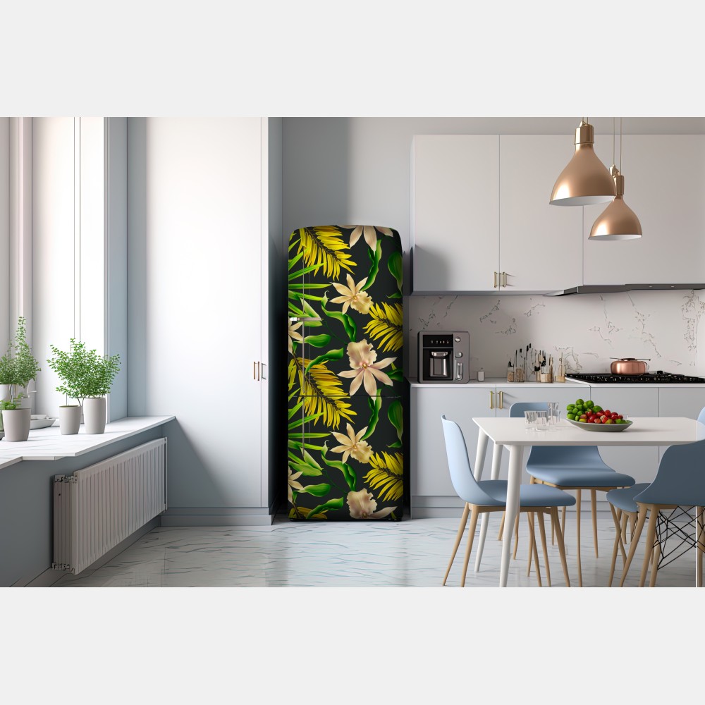 Kühlschrankaufkleber tropisches orchideenmuster auf dunklem hintergrund – Wallnifity® Kühlschrankaufkleber tropisches orchideenmuster auf dunklem hintergrund – Wallnifity®