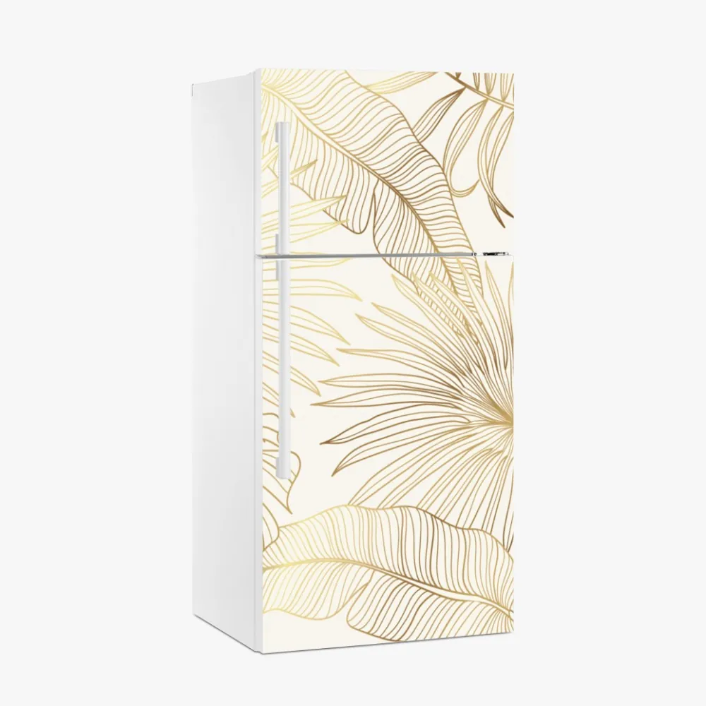 Kühlschrankaufkleber goldene tropische blätter auf beigem hintergrund – Wallnifity® Kühlschrankaufkleber goldene tropische blätter auf beigem hintergrund – Wallnifity®