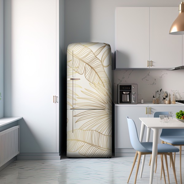 Kühlschrankaufkleber goldene tropische blätter auf beigem hintergrund – Wallnifity® Kühlschrankaufkleber goldene tropische blätter auf beigem hintergrund – Wallnifity®