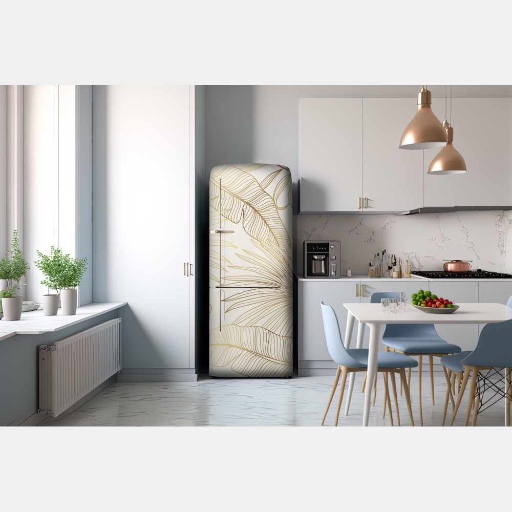 Kühlschrankaufkleber goldene tropische blätter auf beigem hintergrund – Wallnifity® Kühlschrankaufkleber goldene tropische blätter auf beigem hintergrund – Wallnifity®