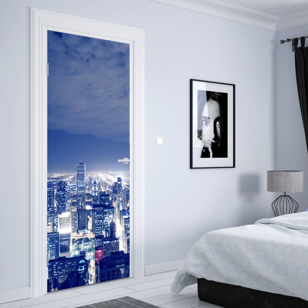 Türaufkleber Chicago nächtliche skyline panorama – Wallnifity® Türaufkleber Chicago nächtliche skyline panorama – Wallnifity®