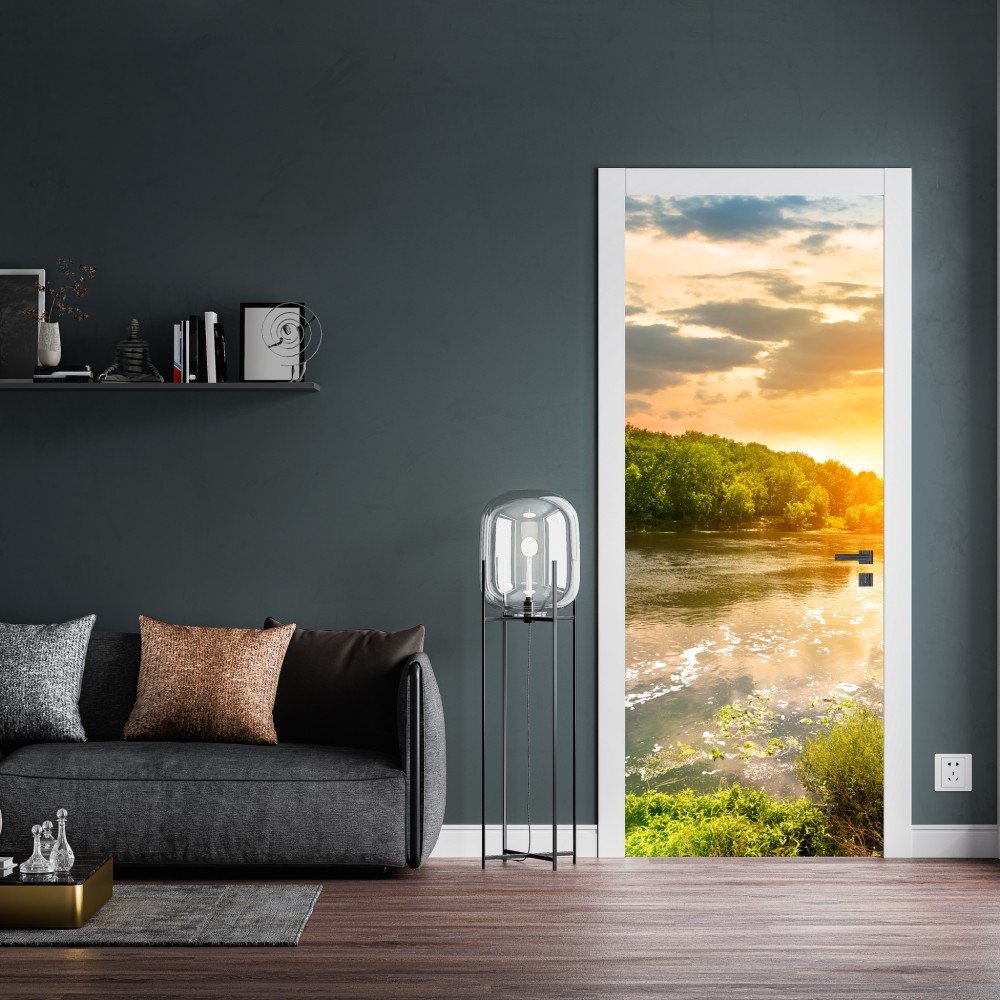Türaufkleber ruhiger sonnenuntergang am fluss im grünen wald – Wallnifity® Türaufkleber ruhiger sonnenuntergang am fluss im grünen wald – Wallnifity®
