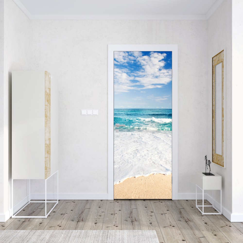 Türaufkleber türkisfarbene wellen am sandstrand – Wallnifity® Türaufkleber türkisfarbene wellen am sandstrand – Wallnifity®