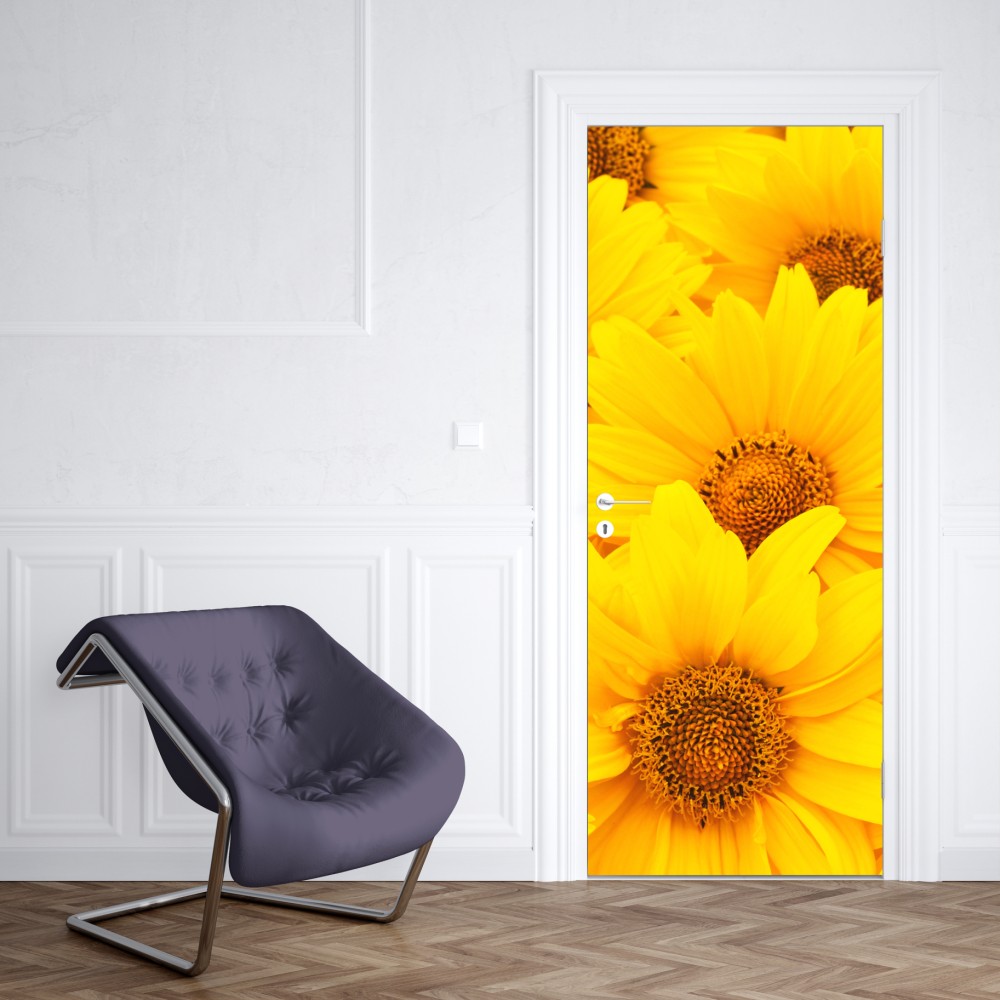 Türaufkleber leuchtende gelbe sonnenblumen in nahaufnahme – Wallnifity® Türaufkleber leuchtende gelbe sonnenblumen in nahaufnahme – Wallnifity®