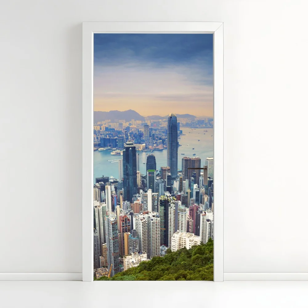 Türaufkleber Hong Kong stadtpanorama bei dämmerung – Wallnifity®
