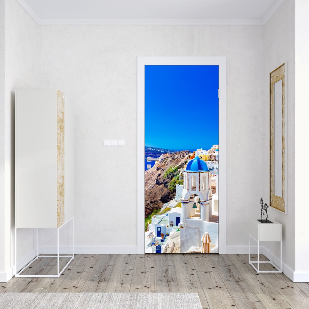 Türaufkleber Santorini blaue kuppeln über dem Ägäischen Meer – Wallnifity® Türaufkleber Santorini blaue kuppeln über dem Ägäischen Meer – Wallnifity®