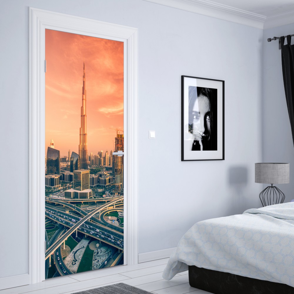 Türaufkleber Dubai skyline bei sonnenuntergang – Wallnifity® Türaufkleber Dubai skyline bei sonnenuntergang – Wallnifity®