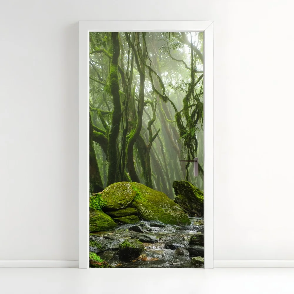 Türaufkleber moosiger wald mit bach im nebel – Wallnifity®