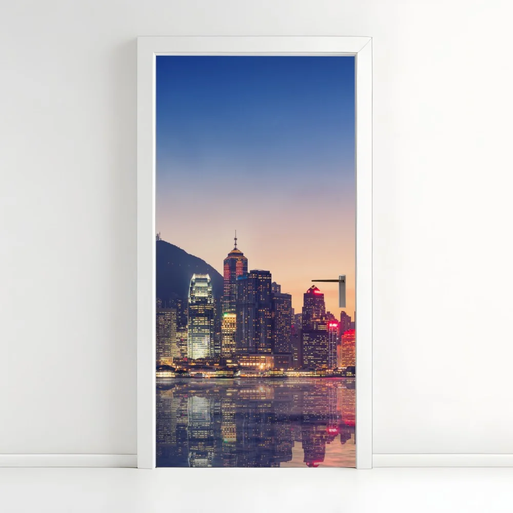 Türaufkleber Hongkong panorama bei dämmerung – Wallnifity®