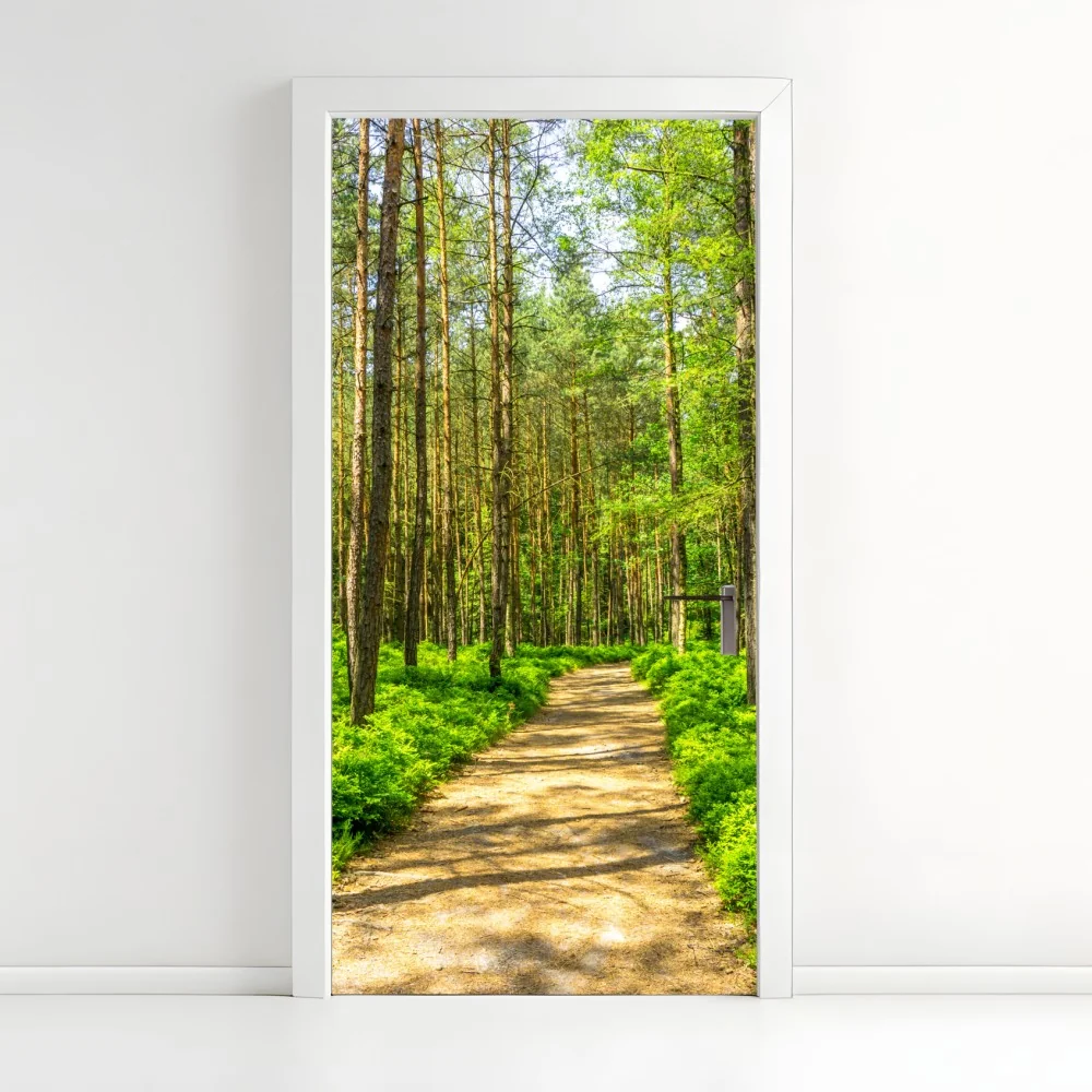 Türaufkleber sonniger waldweg zwischen kiefern – Wallnifity®