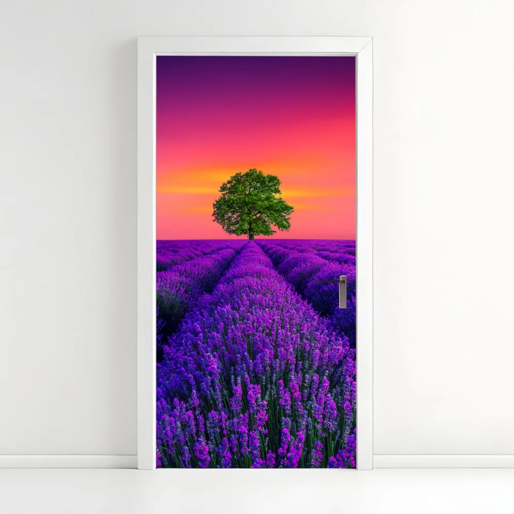 Türaufkleber lavendelfeld bei sonnenuntergang mit einsamem baum – Wallnifity® Türaufkleber lavendelfeld bei sonnenuntergang mit einsamem baum – Wallnifity®