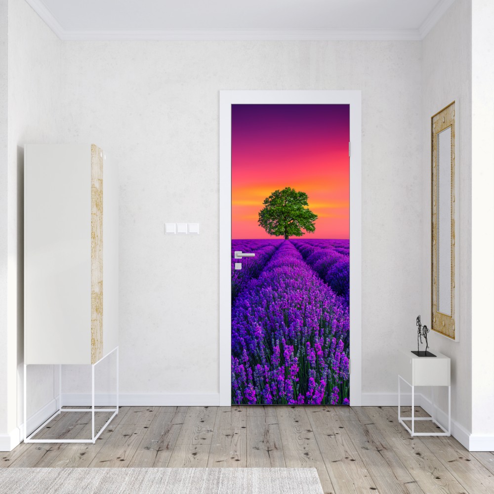 Türaufkleber lavendelfeld bei sonnenuntergang mit einsamem baum – Wallnifity® Türaufkleber lavendelfeld bei sonnenuntergang mit einsamem baum – Wallnifity®