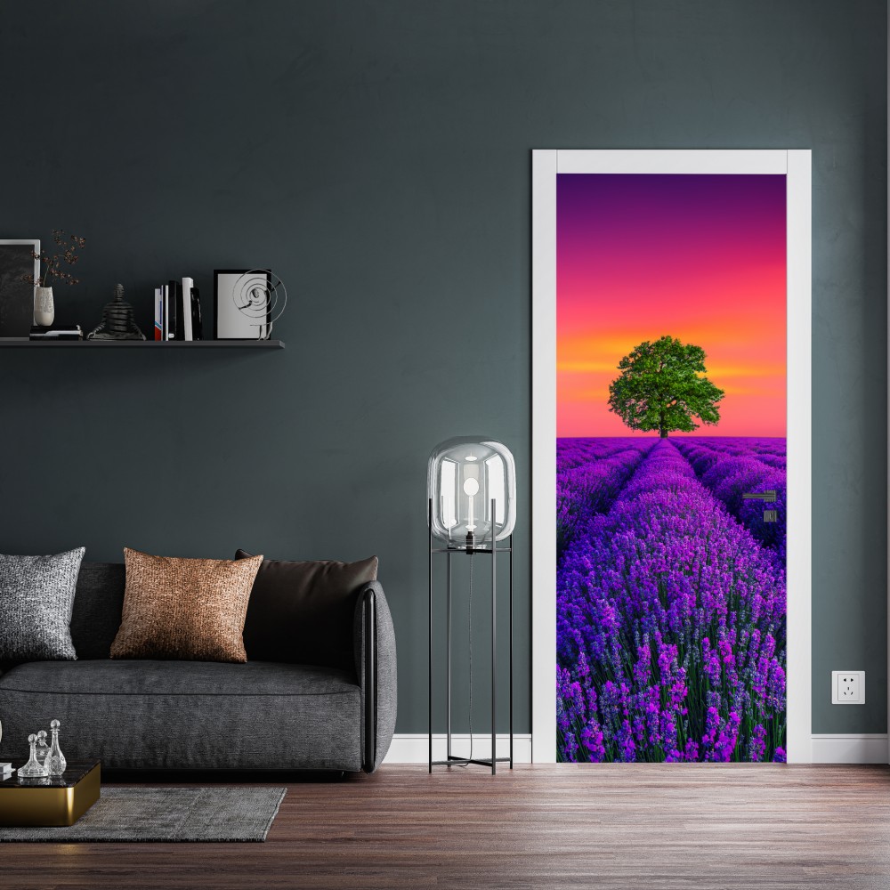 Türaufkleber lavendelfeld bei sonnenuntergang mit einsamem baum – Wallnifity® Türaufkleber lavendelfeld bei sonnenuntergang mit einsamem baum – Wallnifity®