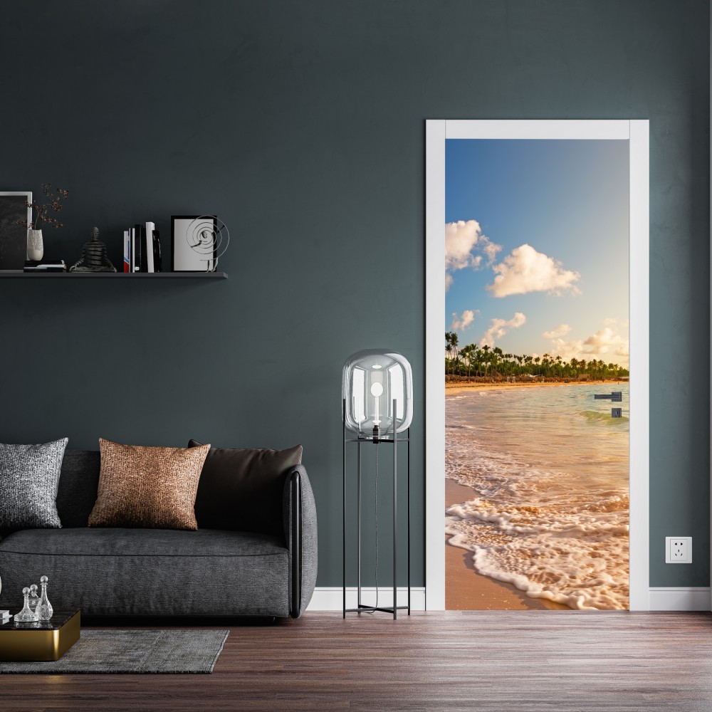 Türaufkleber tropischer sonnenuntergang am strand mit palmensilhouetten – Wallnifity® Türaufkleber tropischer sonnenuntergang am strand mit palmensilhouetten – Wallnifity®