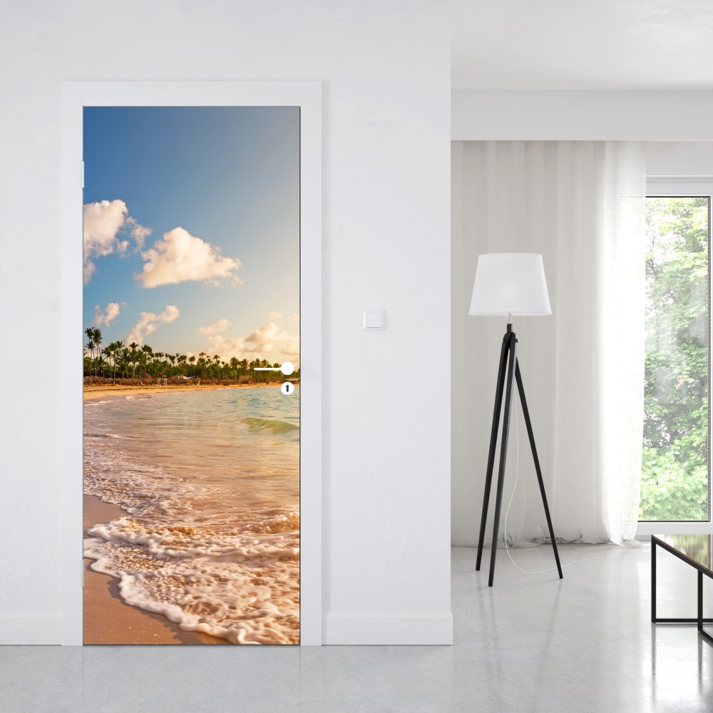 Türaufkleber tropischer sonnenuntergang am strand mit palmensilhouetten – Wallnifity® Türaufkleber tropischer sonnenuntergang am strand mit palmensilhouetten – Wallnifity®