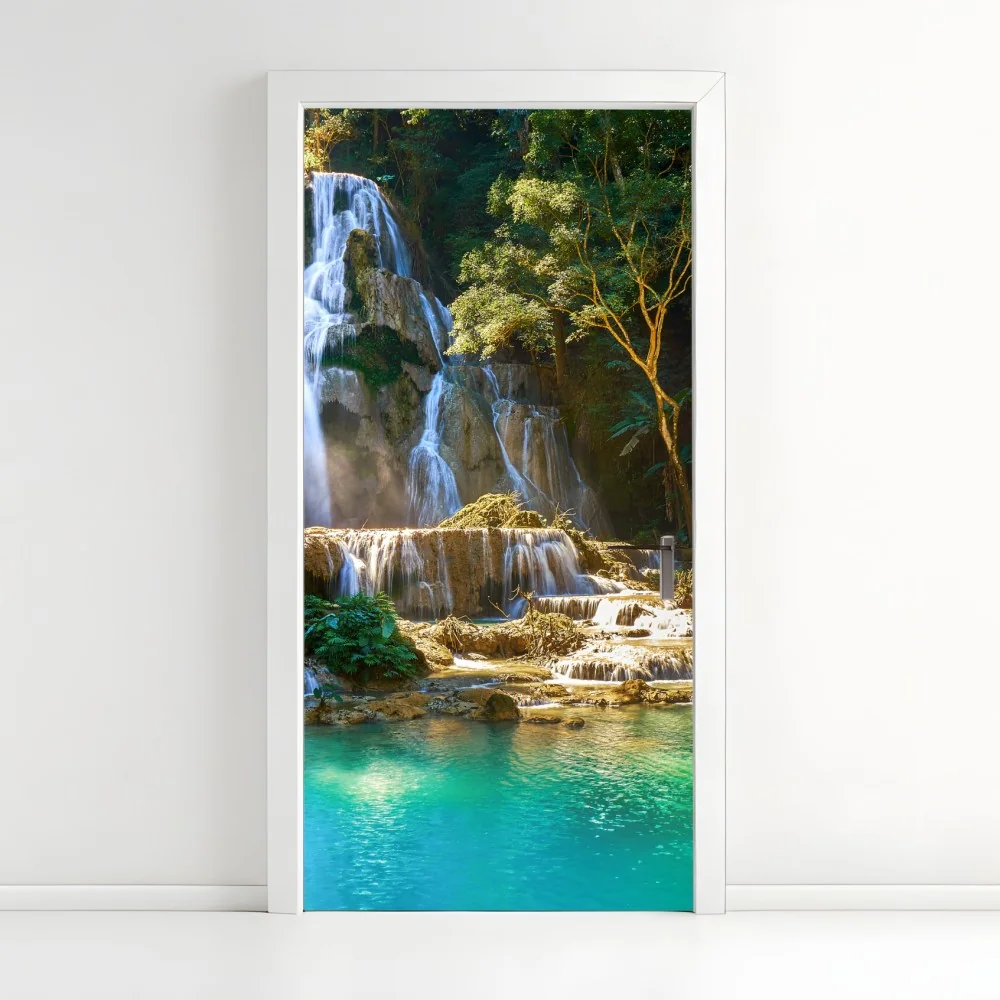 Türaufkleber türkisfarbener wasserfall im üppigen wald – Wallnifity® Türaufkleber türkisfarbener wasserfall im üppigen wald – Wallnifity®