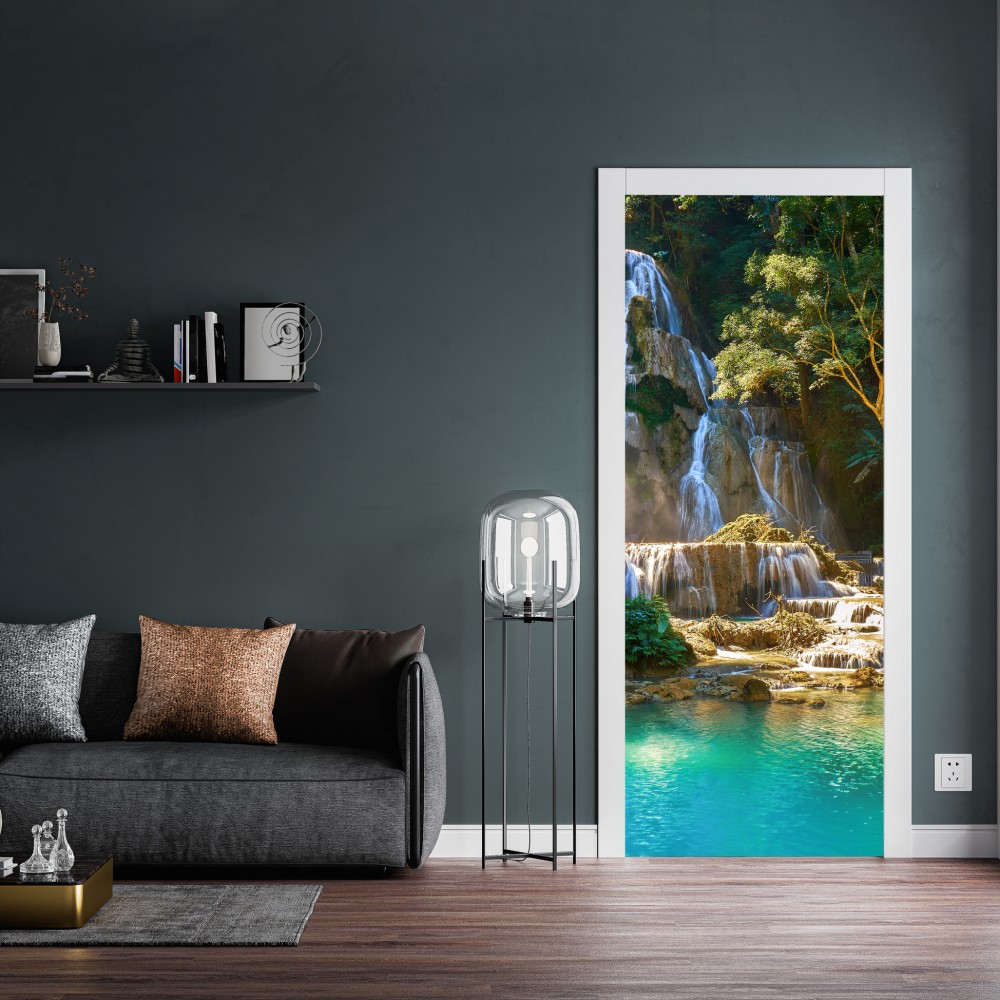 Türaufkleber türkisfarbener wasserfall im üppigen wald – Wallnifity® Türaufkleber türkisfarbener wasserfall im üppigen wald – Wallnifity®