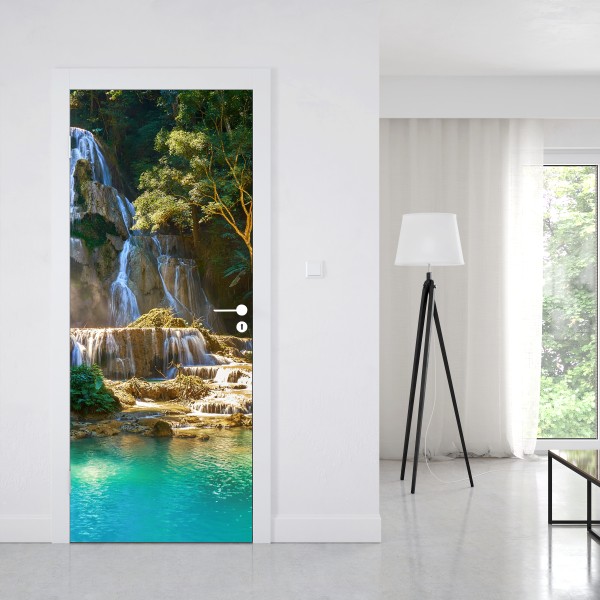 Türaufkleber türkisfarbener wasserfall im üppigen wald – Wallnifity® Türaufkleber türkisfarbener wasserfall im üppigen wald – Wallnifity®