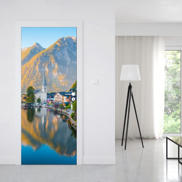 Türaufkleber tropischer strand mit palmen und segelboot – Wallnifity®