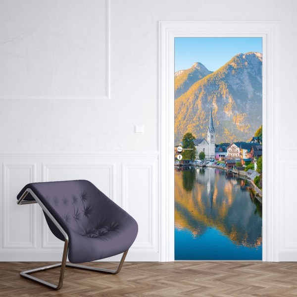 Türaufkleber morgendlicher lichtglanz über Hallstatt am see – Wallnifity® Türaufkleber morgendlicher lichtglanz über Hallstatt am see – Wallnifity®