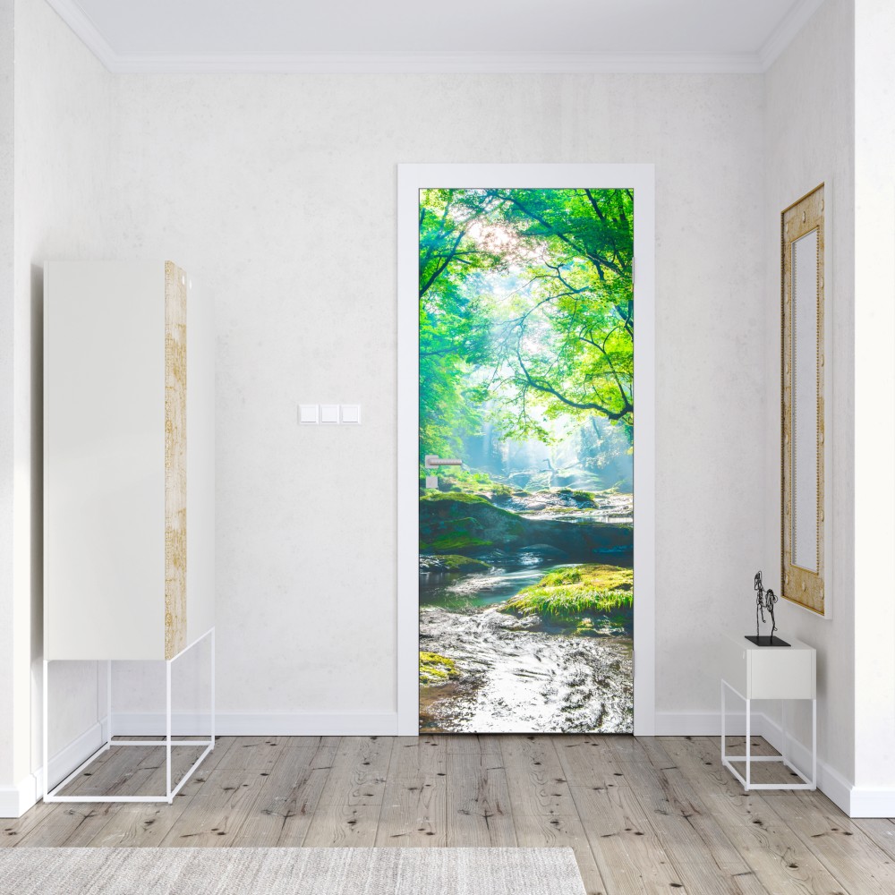 Türaufkleber sonnendurchfluteter waldbach mit moosbedeckten steinen – Wallnifity® Türaufkleber sonnendurchfluteter waldbach mit moosbedeckten steinen – Wallnifity®