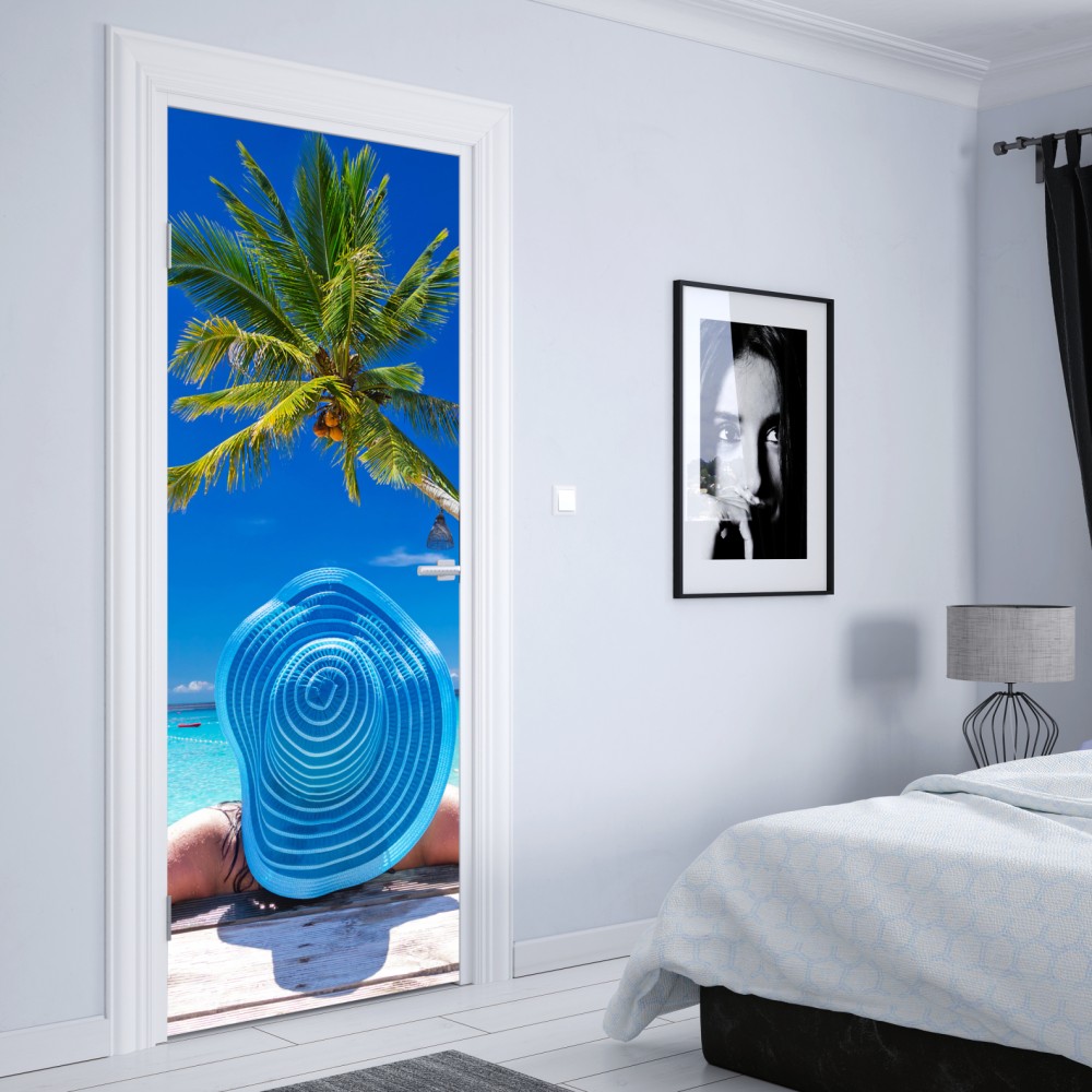 Türaufkleber tropischer strand mit blauem sonnenhut – Wallnifity® Türaufkleber tropischer strand mit blauem sonnenhut – Wallnifity®