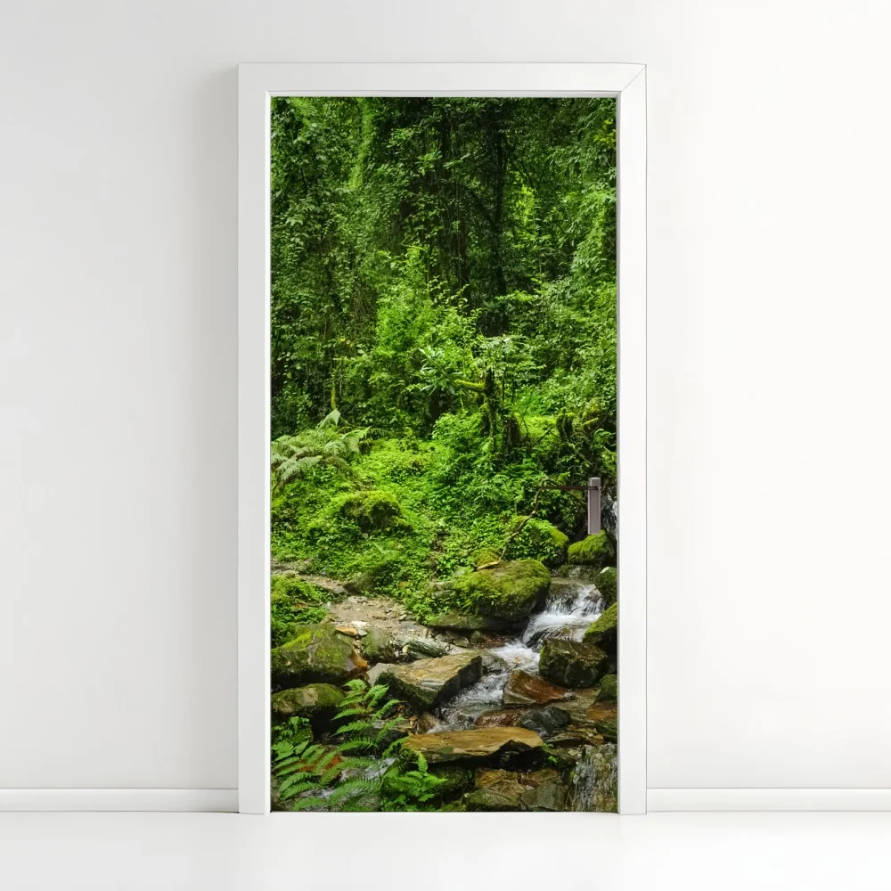 Türaufkleber üppiger grüner waldwasserfall – Wallnifity®