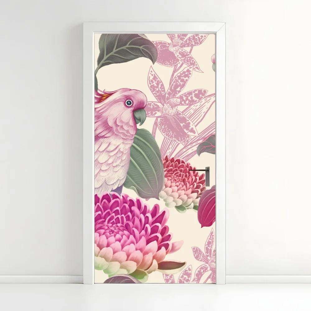 Türaufkleber rosa papagei und chrysantheme - botanisches motiv – Wallnifity® Türaufkleber rosa papagei und chrysantheme - botanisches motiv – Wallnifity®
