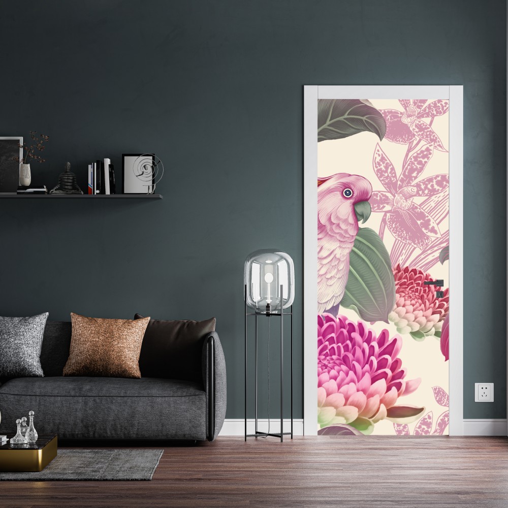 Türaufkleber rosa papagei und chrysantheme - botanisches motiv – Wallnifity® Türaufkleber rosa papagei und chrysantheme - botanisches motiv – Wallnifity®