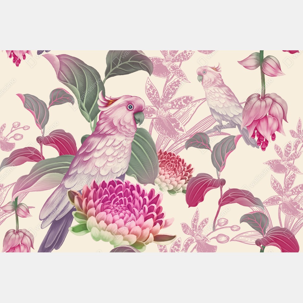 Türaufkleber rosa papagei und chrysantheme - botanisches motiv – Wallnifity® Türaufkleber rosa papagei und chrysantheme - botanisches motiv – Wallnifity®