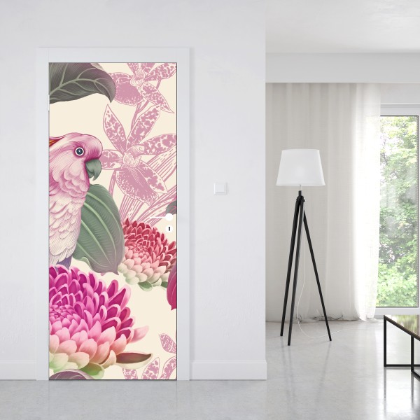 Türaufkleber rosa papagei und chrysantheme - botanisches motiv – Wallnifity® Türaufkleber rosa papagei und chrysantheme - botanisches motiv – Wallnifity®