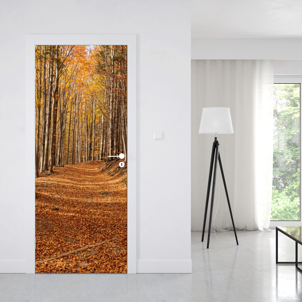 Türaufkleber herbstlicher waldweg mit goldenen blättern – Wallnifity® Türaufkleber herbstlicher waldweg mit goldenen blättern – Wallnifity®