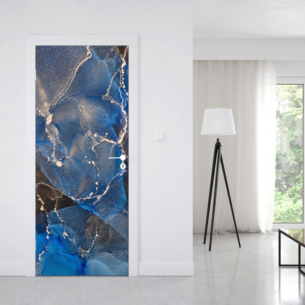 Türaufkleber luxuriöse blaue und goldene abstrakte wellen – Wallnifity® Türaufkleber luxuriöse blaue und goldene abstrakte wellen – Wallnifity®