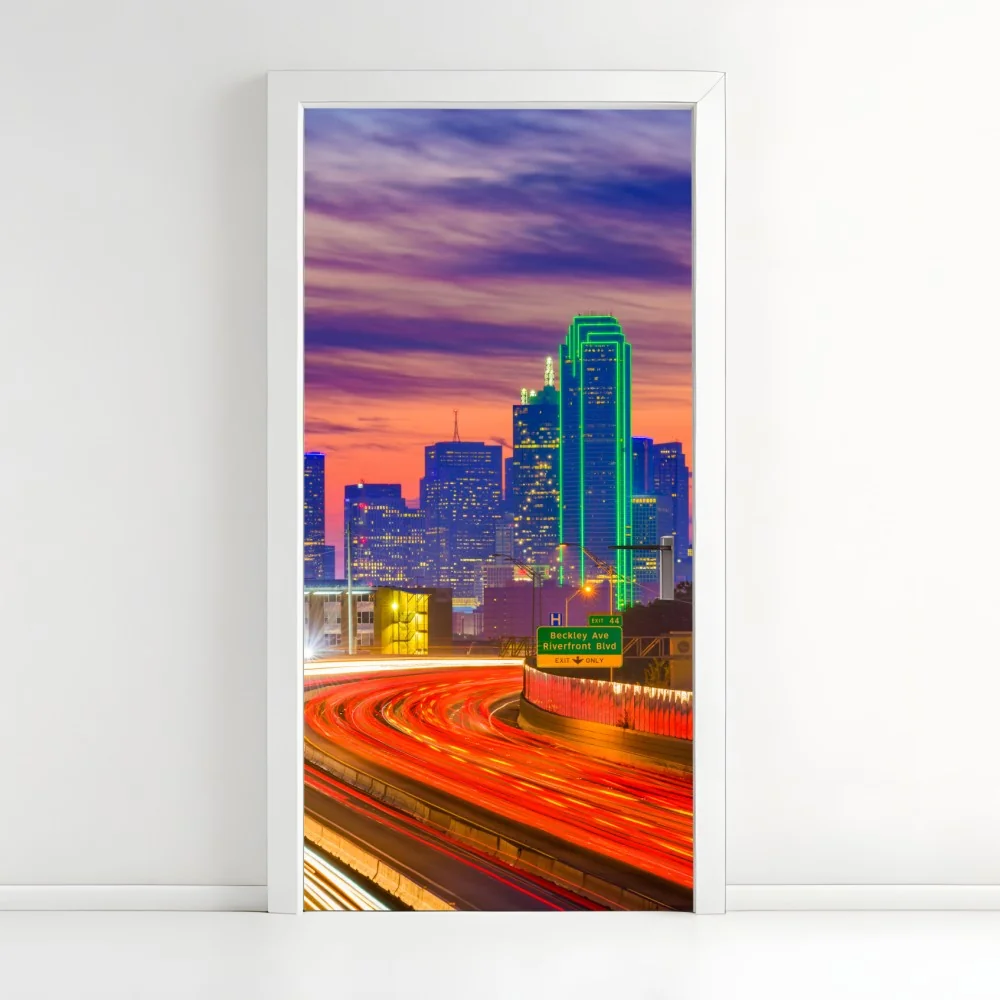 Türaufkleber panorama von Dallas bei sonnenuntergang mit lichtspuren auf der autobahn – Wallnifity® Türaufkleber panorama von Dallas bei sonnenuntergang mit lichtspuren auf der autobahn – Wallnifity®