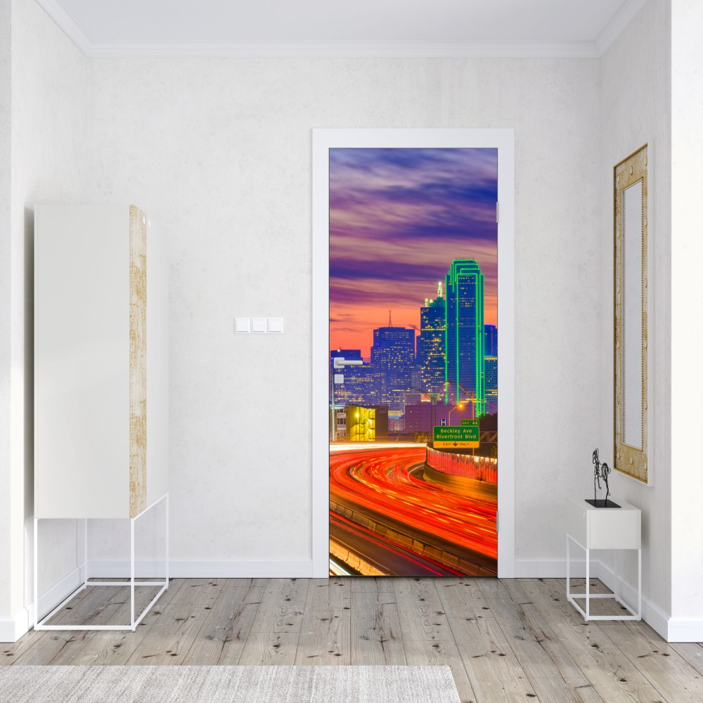 Türaufkleber panorama von Dallas bei sonnenuntergang mit lichtspuren auf der autobahn – Wallnifity® Türaufkleber panorama von Dallas bei sonnenuntergang mit lichtspuren auf der autobahn – Wallnifity®