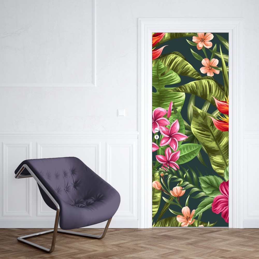 Türaufkleber tropisches hibiskus- und plumeria-blumenmuster – Wallnifity® Türaufkleber tropisches hibiskus- und plumeria-blumenmuster – Wallnifity®