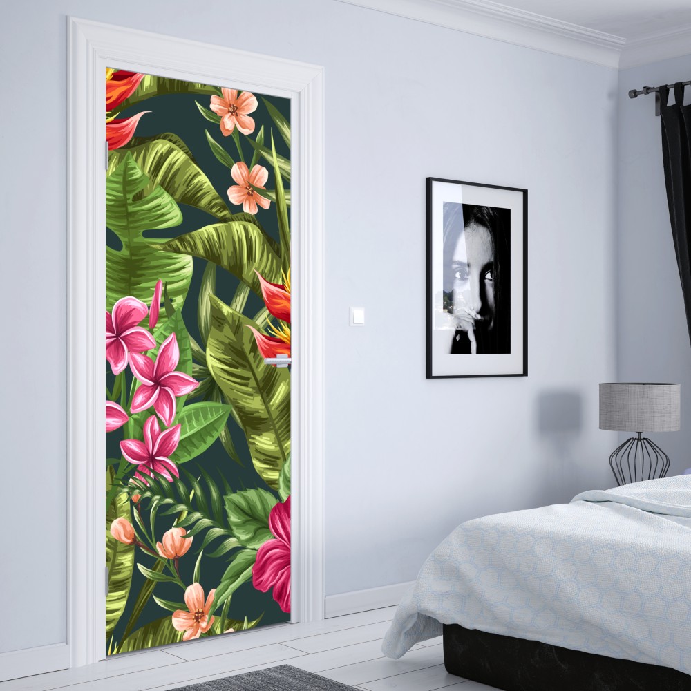 Türaufkleber tropisches hibiskus- und plumeria-blumenmuster – Wallnifity® Türaufkleber tropisches hibiskus- und plumeria-blumenmuster – Wallnifity®