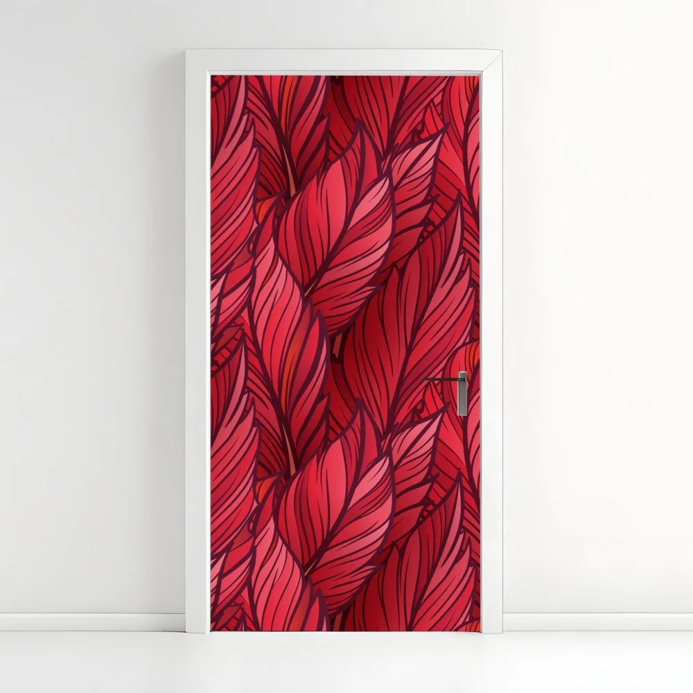 Türaufkleber rotes botanisches blättermuster – Wallnifity®