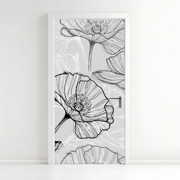 Türaufkleber zarter grauer mohn in linienzeichnung