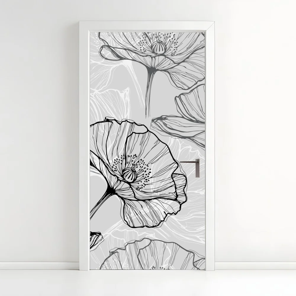 Türaufkleber zarter grauer mohn in linienzeichnung – Wallnifity® Türaufkleber zarter grauer mohn in linienzeichnung – Wallnifity®